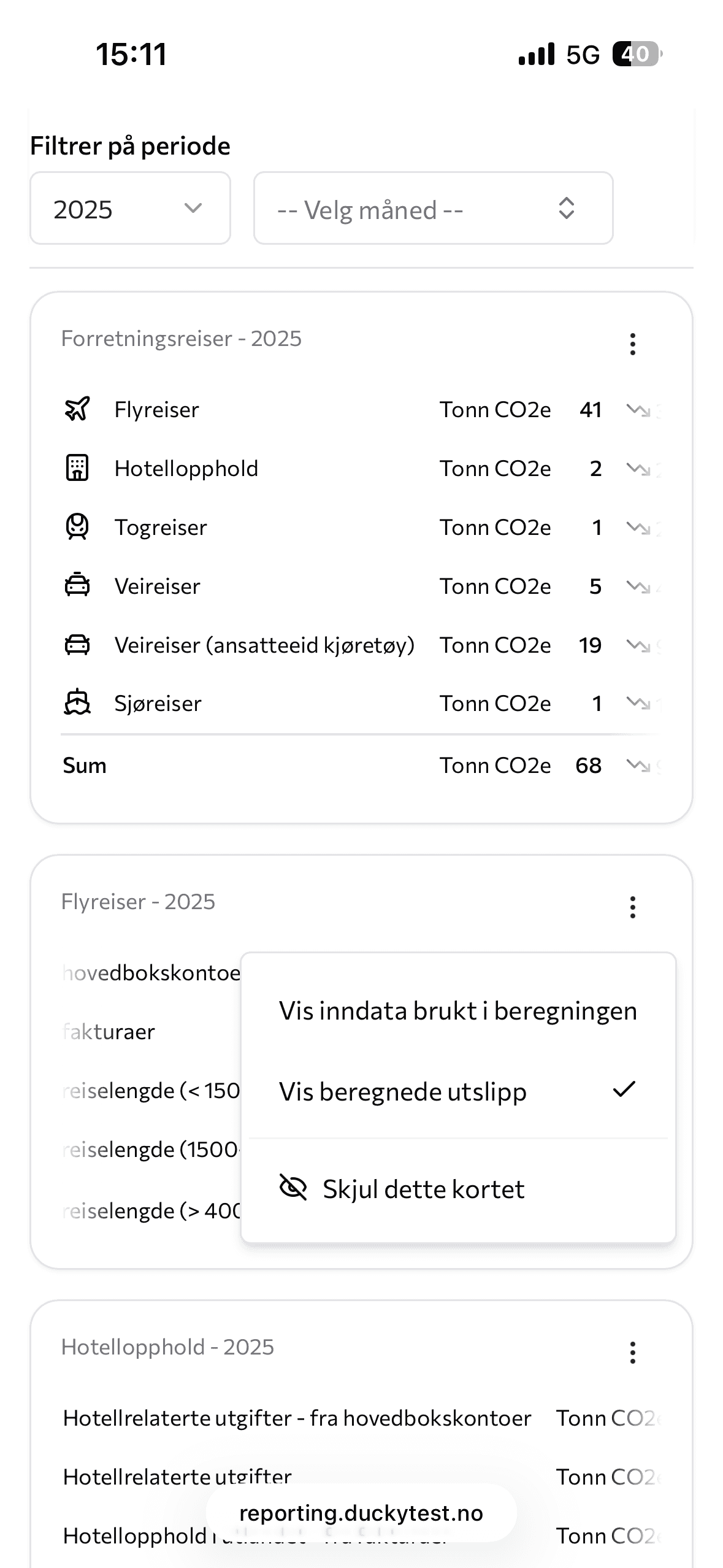 Mobilvisning av utslippskategorier for forretningsreiser